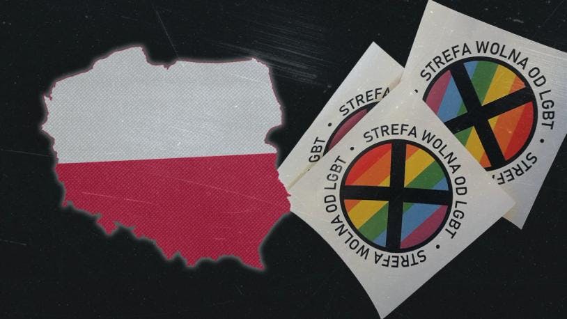 Photo d'illustration de la carte de la Pologne avec des vignettes anti-LGBT