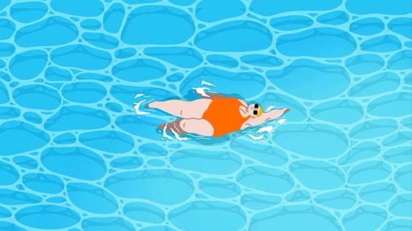 Dessin d'une femme grosse en maillot de bain une pièce orange nageant sur le dos dans une piscine